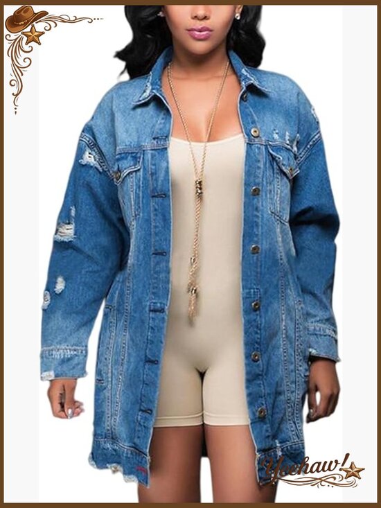 Jackets & Blazers - Distressed Denim Trucker Jacket Ripped Long Sleeve Button Front Oversized
